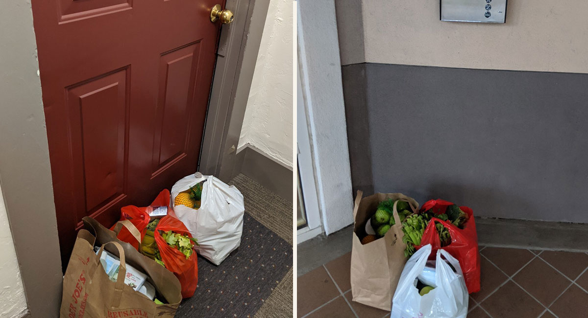 將一袋袋的愛心，放在長者家門口。圖片提供／慈濟奧克蘭聯絡處