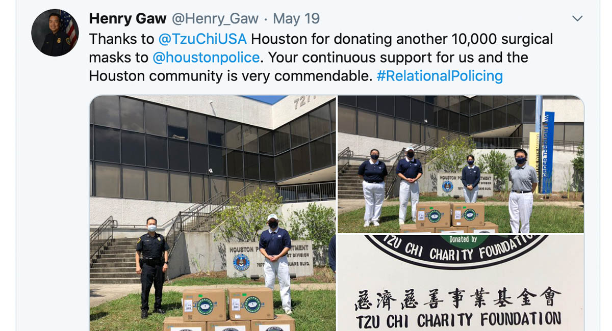 TzuchiUSA_Houston PPE donation to Police Station and Temple_0001_20200519 HPD Mask donation Twitter post