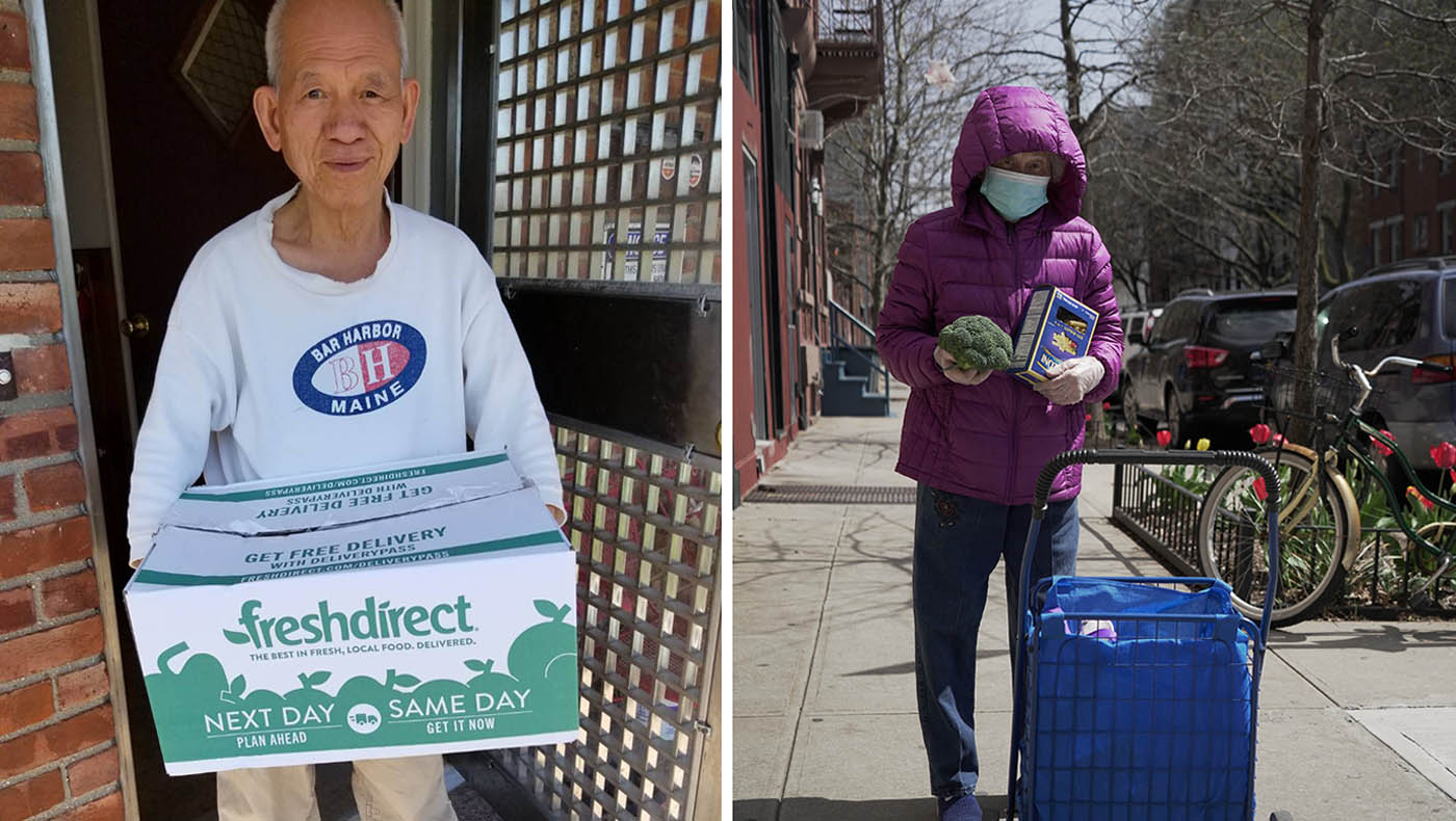 左圖：不方便出門採買的紐約長者。右圖：紐約四月依舊寒冷，正如疫情帶給生命的挑戰。攝影／加森