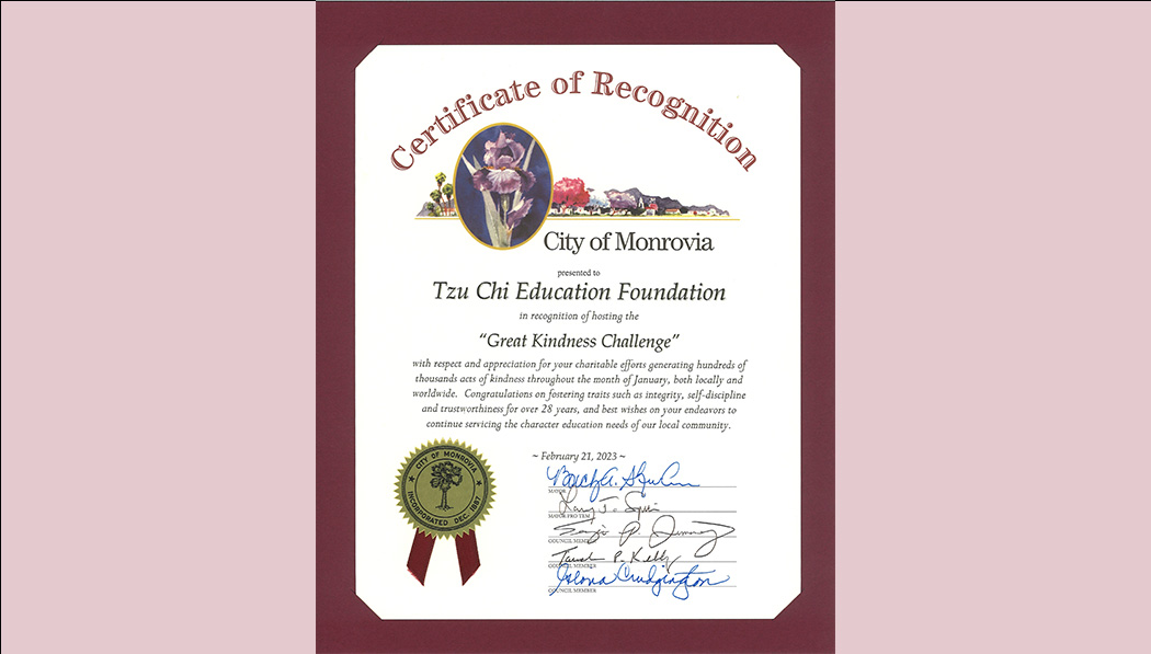 Great Kindness Challenge certification from City of Monrovia