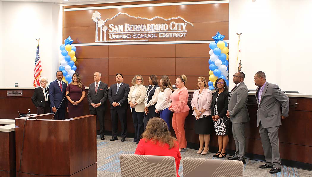 Leadership of San Bernardino City Unified School District. Linda Bardere, Chief of the Communications/Community Engagement Department (third from right)