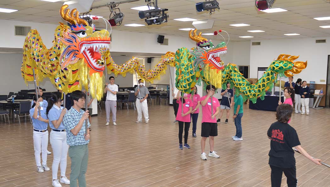 Students practicing dragon dance
