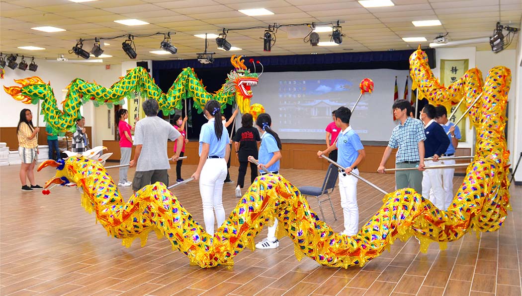 Students practicing dragon dance