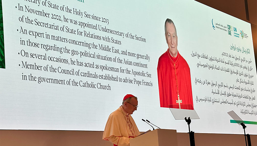 His Eminence Cardinal Pietro Parolin, Vatican Secretary of State, representing His Holiness Pope Francis giving speech