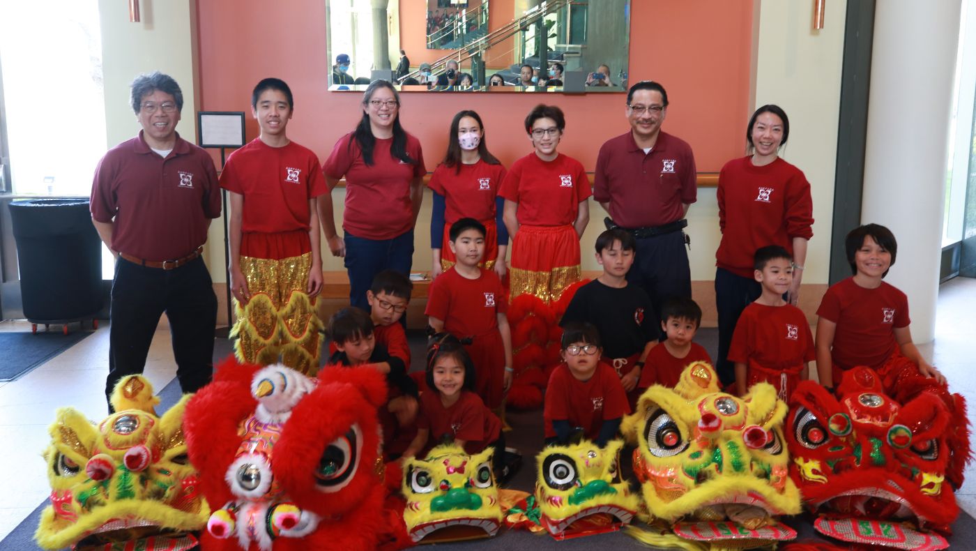 Cerritos Chinese School students take a group photo after the lion dance.