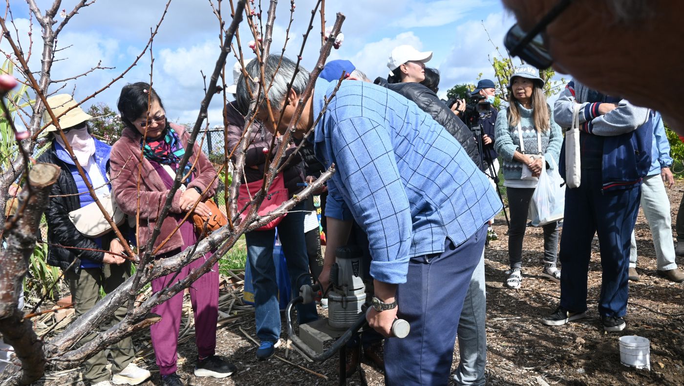 Tzu Chi horticulture lecturer Chen Jianrong demonstrates a digging machine to the public.
