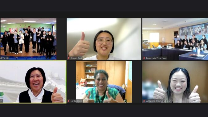 Teachers from Tzu Chi’s two Great Love kindergartens in Los Angeles, Monrovia and Walnut City, participated in the online training. After the class, they took a photo with the instructor online.