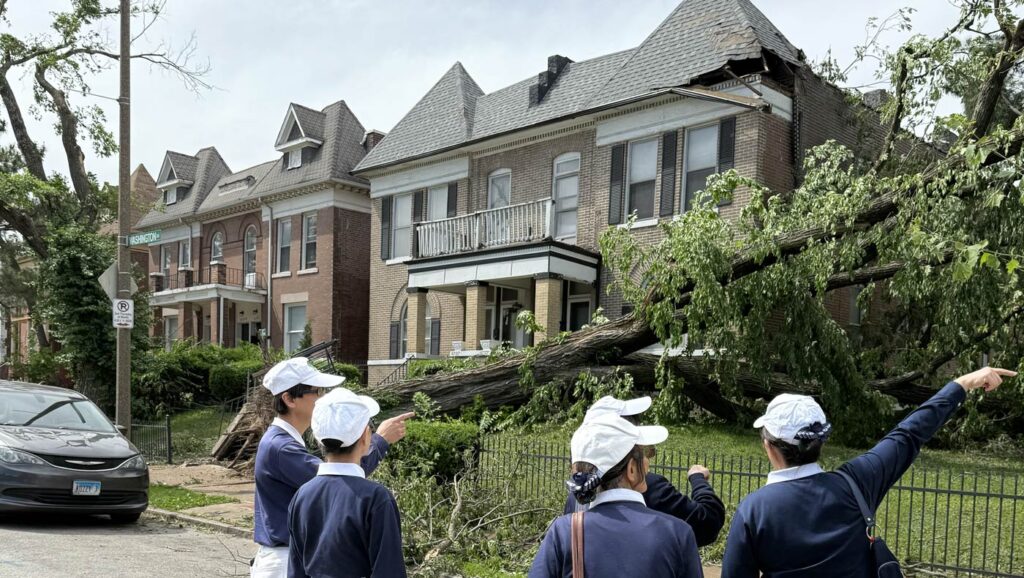El clima extremo ha provocado desastres naturales cada vez más frecuentes, grandes árboles fueron arrancados y cayeron, causando severos daños en edificios cercanos. Foto/Cortesía del Centro de Servicio Tzu Chi St. Louis.