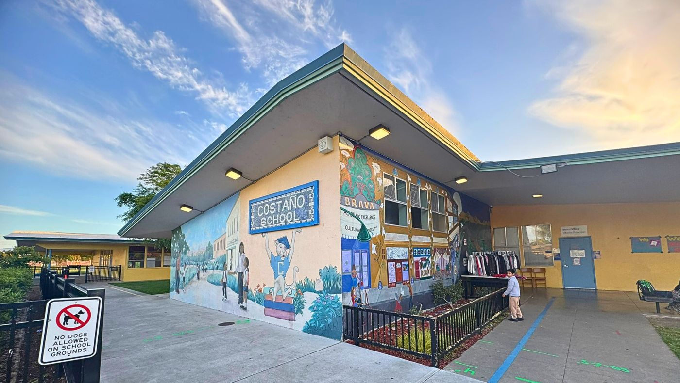 The main entrance of Costaño School of the Arts in East Palo Alto, California. Photos/Pingyao Lee