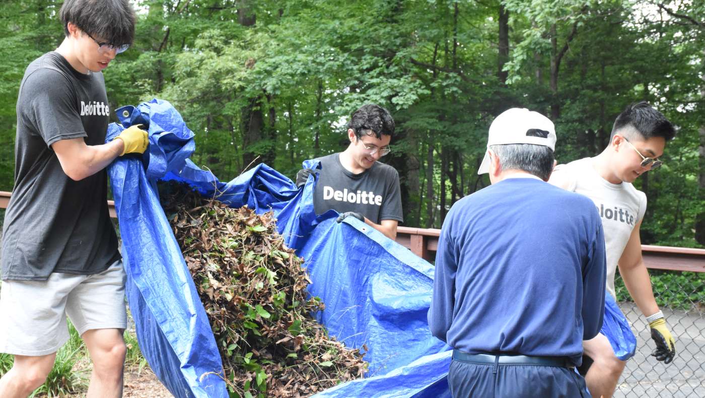 Deloitte volunteers and Tzu Chi volunteers work together to clean up leaves on the campus. Photo/Wendy Tsai