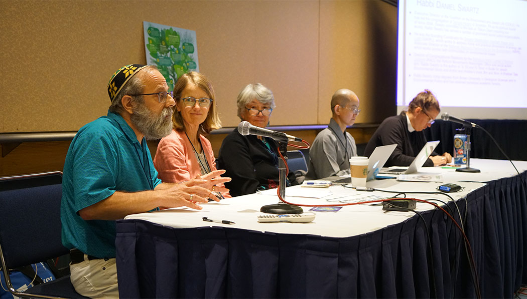 The “Greening of Congregations” panel, moderated by Laurel Kearns (middle), consists of Rabbi Daniel Swartz (left), Sarah Paulos (second left), Shih De Cheng (second right), and Rev. Abby Mohaupt (right)