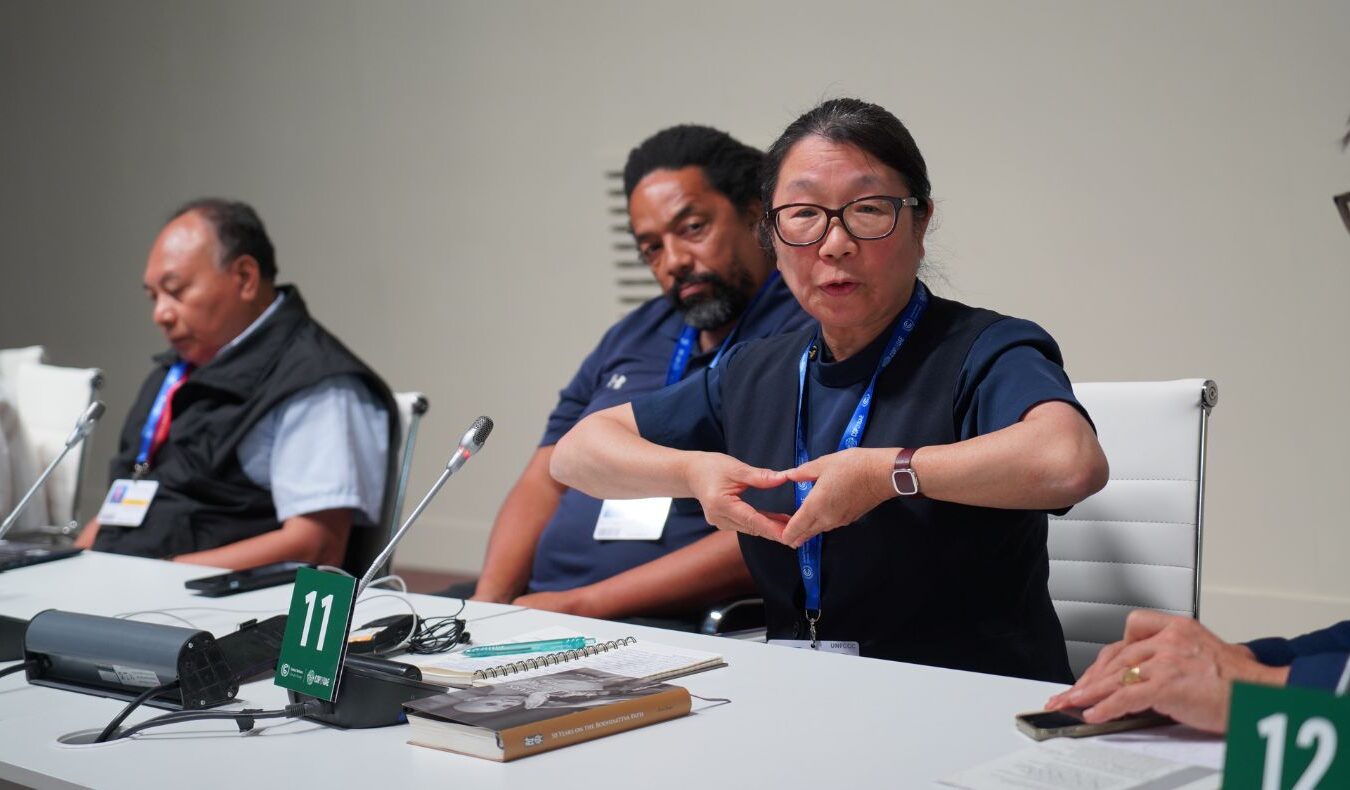 Debra Boudreaux uses a hand gesture as she speaks about Master Cheng Yen’s guidance that peace and love must combine compassion and wisdom, just like one needs two hands to make the shape of a heart.