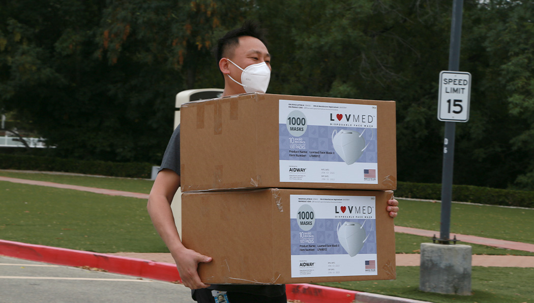 Ronald Kuo arrives at Tzu Chi USA’s National Headquarters Campus in San Dimas, California, to make his first donation of N95 respirators.