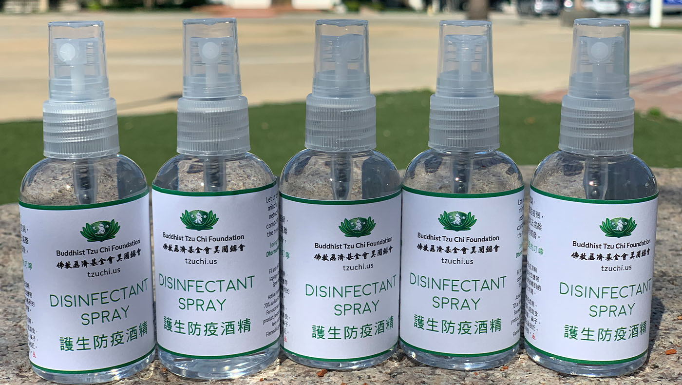 Bottles of disinfectant spray are ready for distribution.