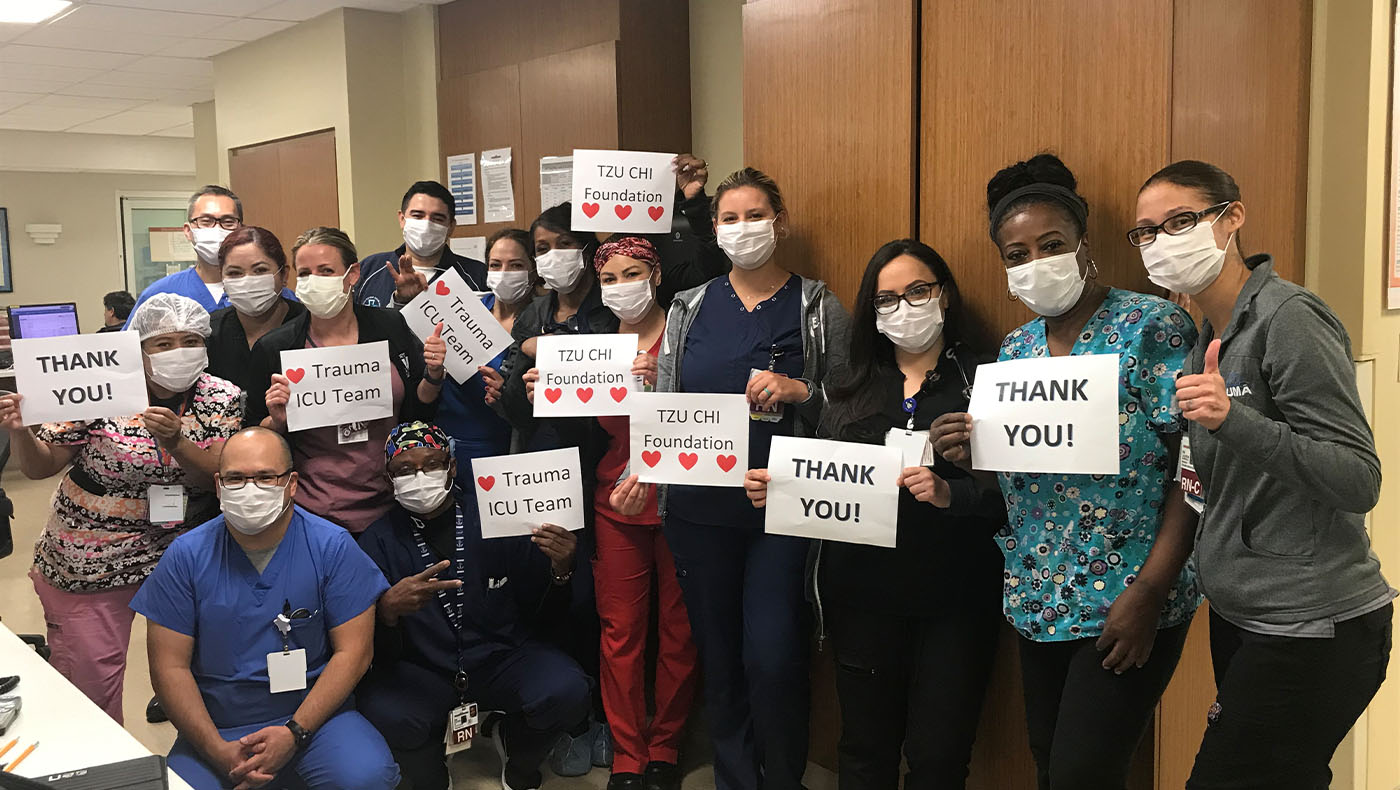 ICU staff at the Pomona Valley Hospital Medical Center in California are in smiles after receiving PPE donations from Tzu Chi USA.