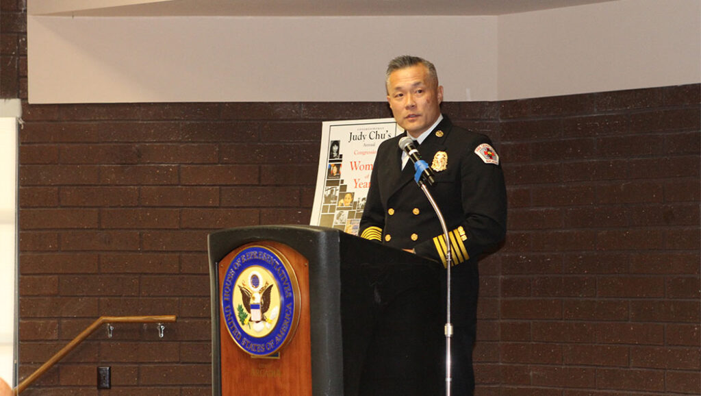 Arcadia Fire Chief Chen Suen speaks at Representative Judy Chu’s 15th annual Congressional Women of the Year Awards Ceremony in Arcadia